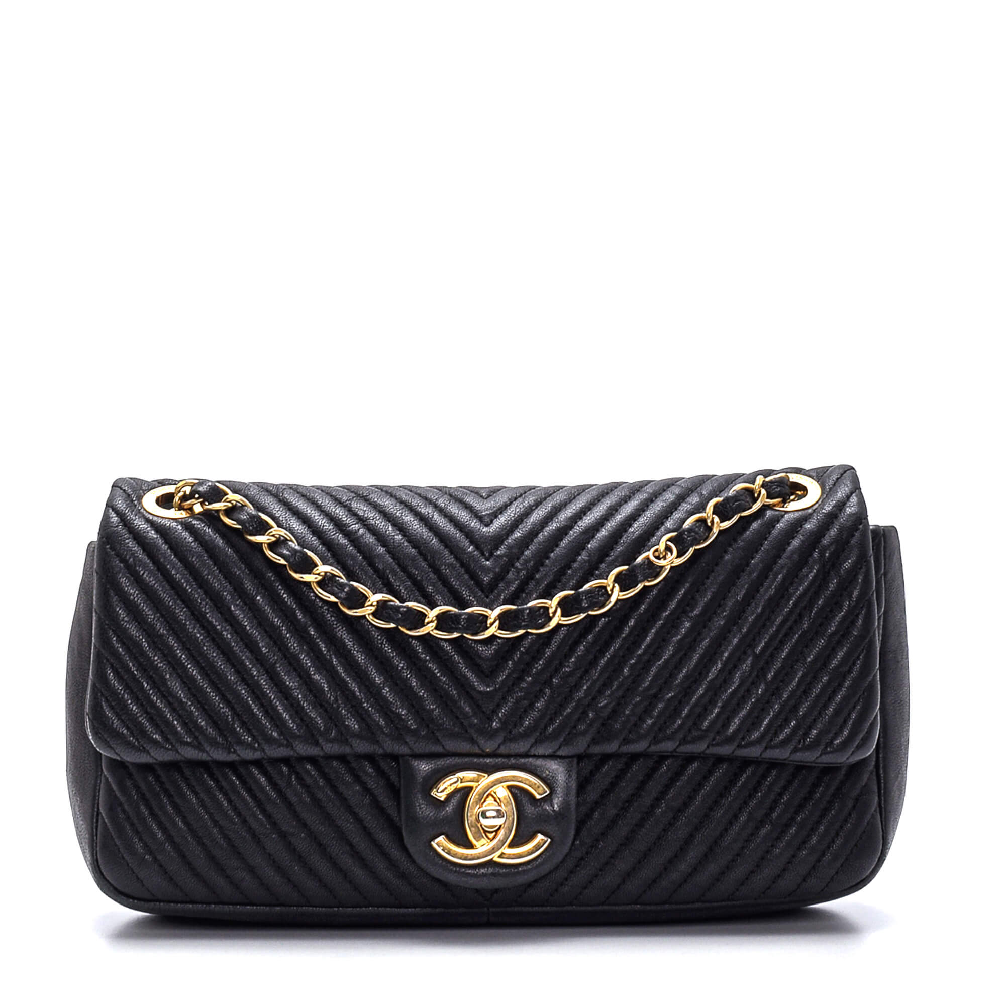 Chanel - Black Chevron Lambskin Leather Single Flap Bag 